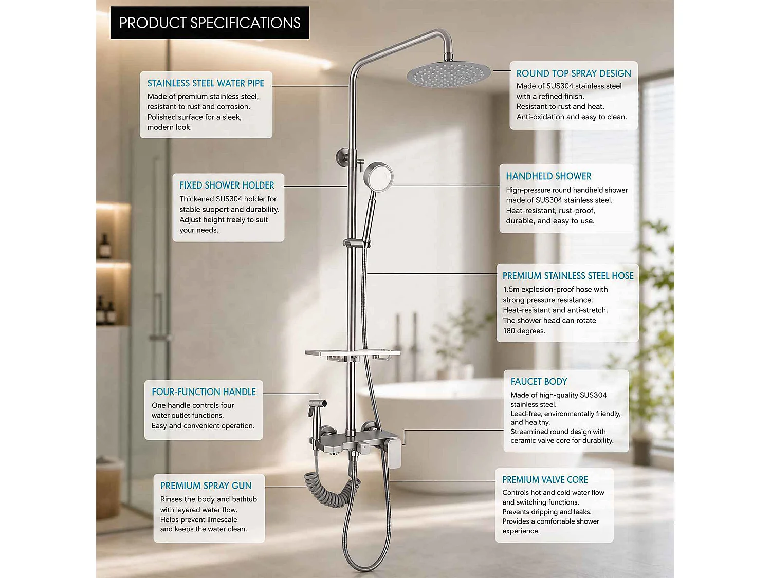 Multifunktions-Duschset in Kupfer | Regendusche, Handbrause, Spritzpistole, Ablagefach