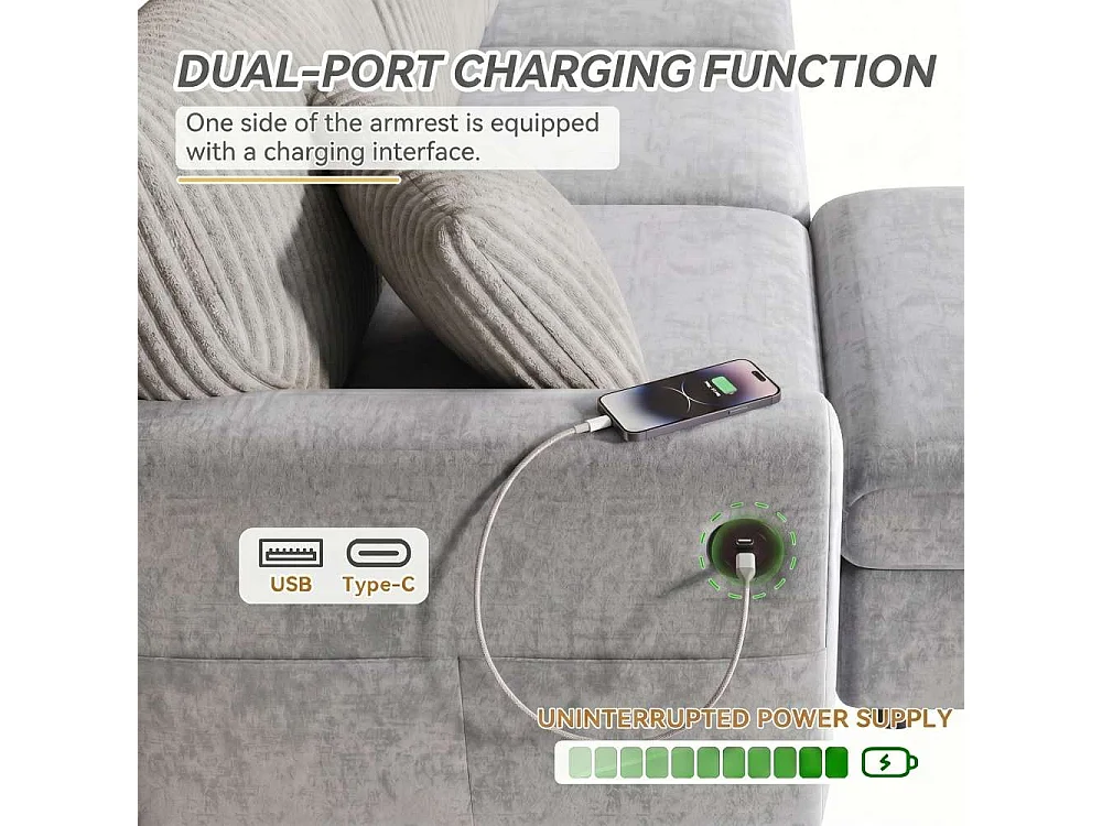 Canapé Moderne Chenille et Velours Côtelé avec Pouf USB Type-C et Coussins 223 cm