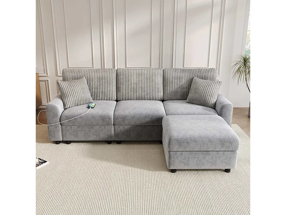 Canapé Moderne Chenille et Velours Côtelé avec Pouf USB Type-C et Coussins 223 cm