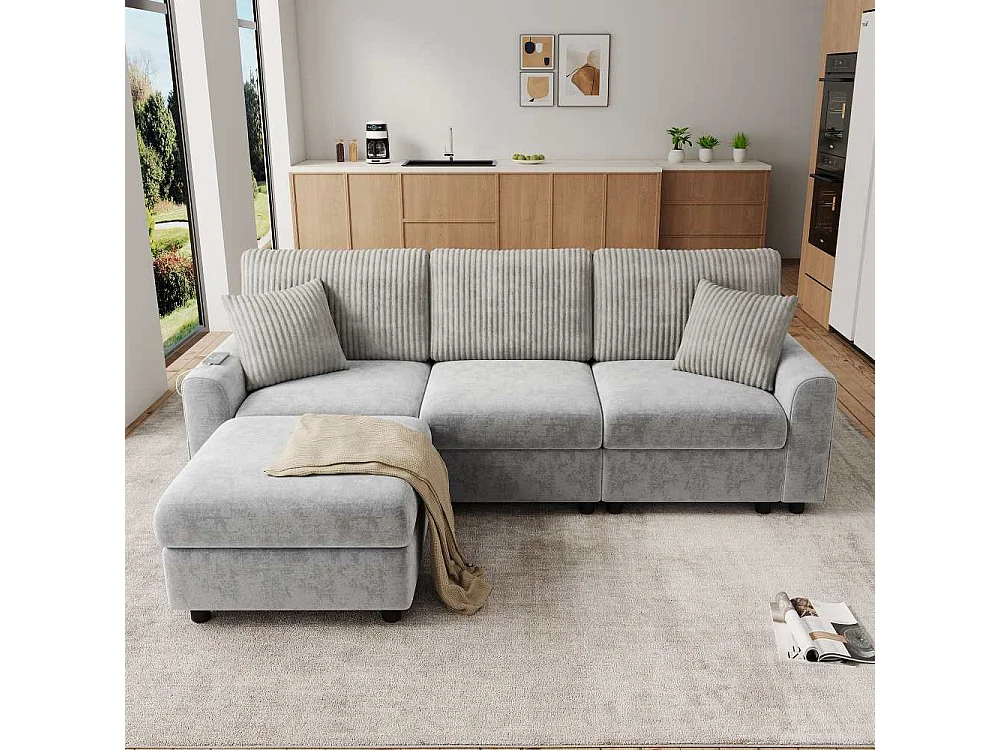 Canapé Moderne Chenille et Velours Côtelé avec Pouf USB Type-C et Coussins 223 cm