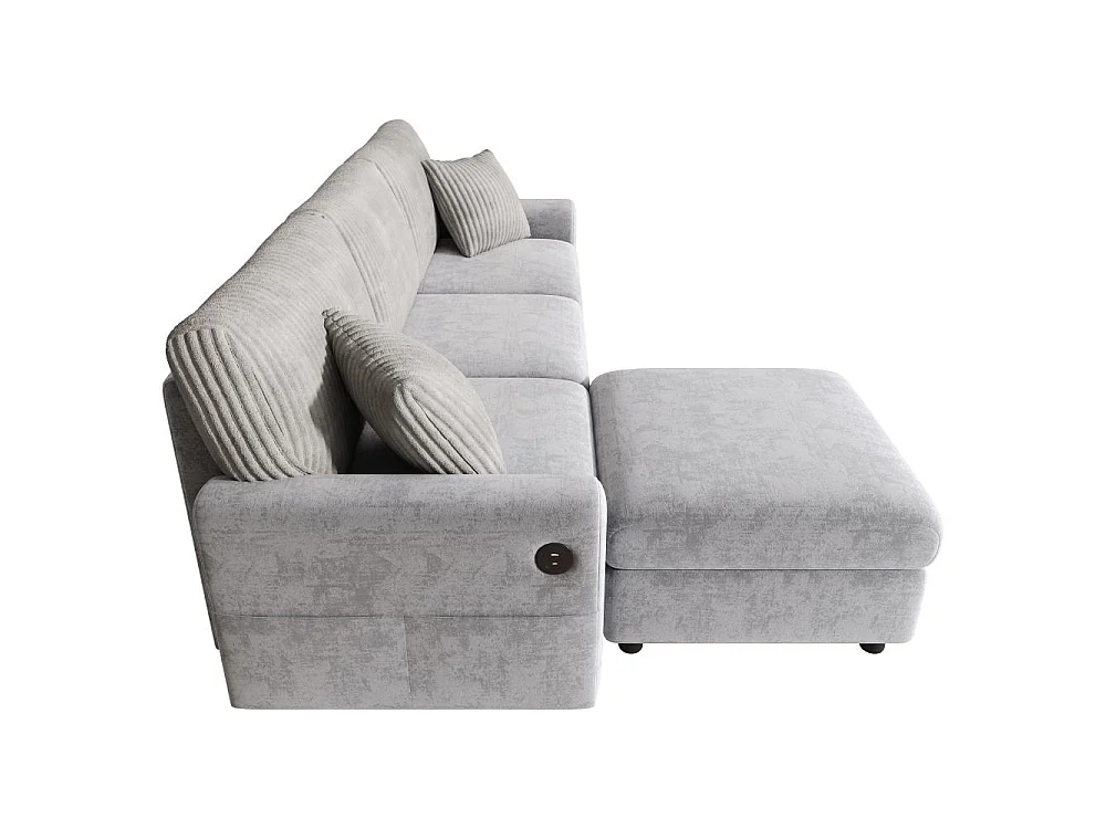 Canapé Moderne Chenille et Velours Côtelé avec Pouf USB Type-C et Coussins 223 cm