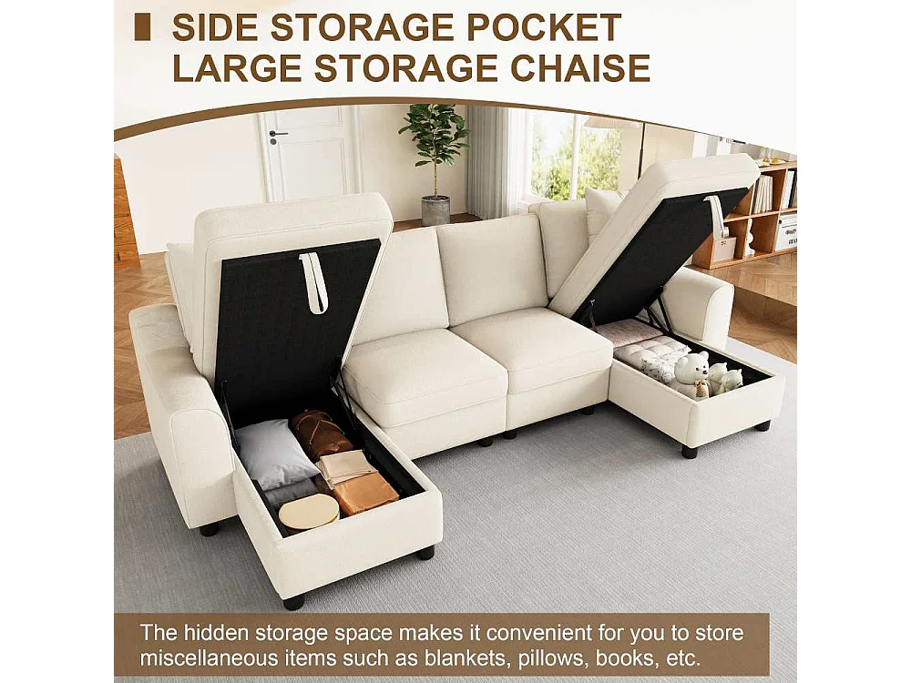 Canapé U Moderne Chenille Modulable avec Double Méridienne et Rangement Intégré 280 cm