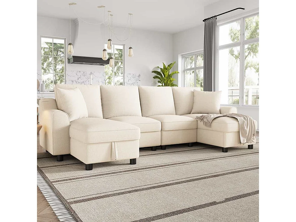 Canapé U Moderne Chenille Modulable avec Double Méridienne et Rangement Intégré 280 cm
