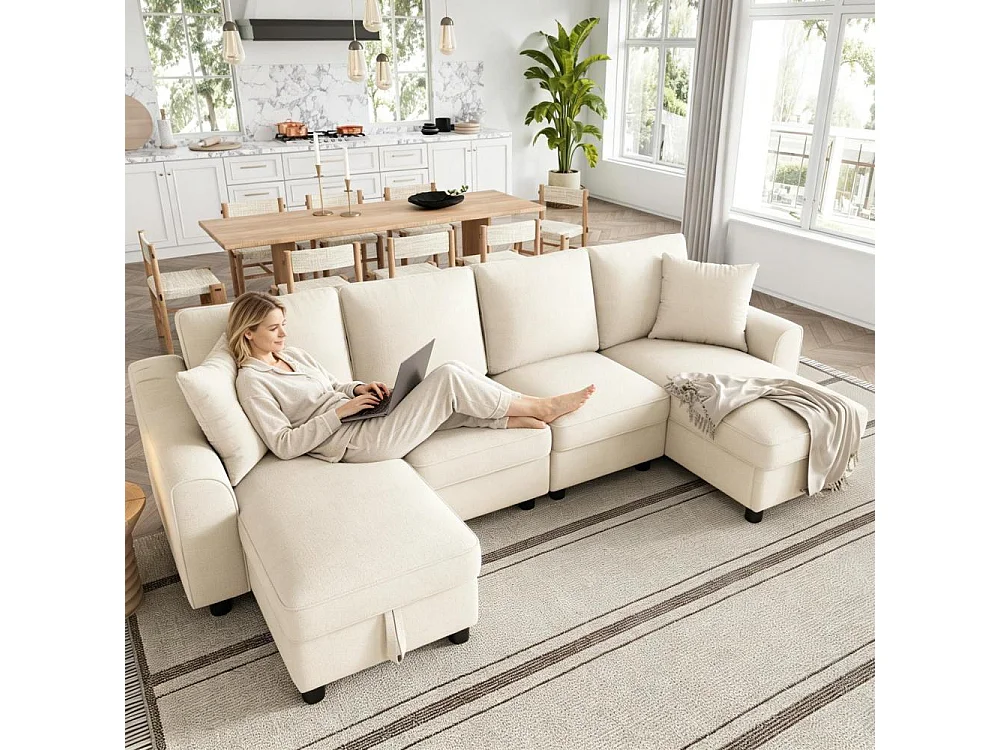 Canapé U Moderne Chenille Modulable avec Double Méridienne et Rangement Intégré 280 cm