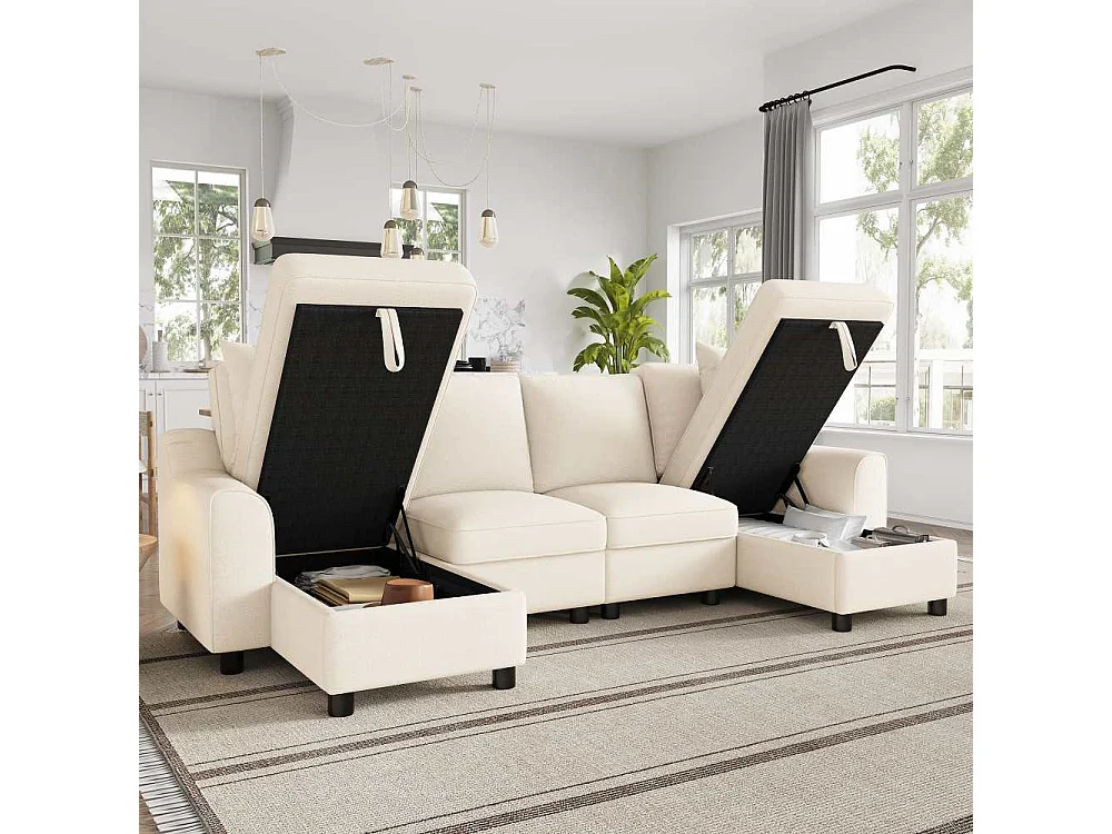 Canapé U Moderne Chenille Modulable avec Double Méridienne et Rangement Intégré 280 cm