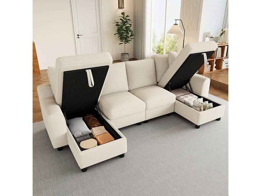 Canapé U Moderne Chenille Modulable avec Double Méridienne et Rangement Intégré 280 cm