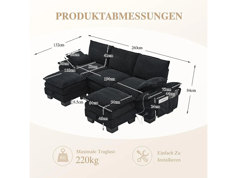 Modulaire 3 places avec 2 poufs – assise large ergonomique, mousse haute densité, USB-C intégré et poches latérales, idéal salon ou bureau