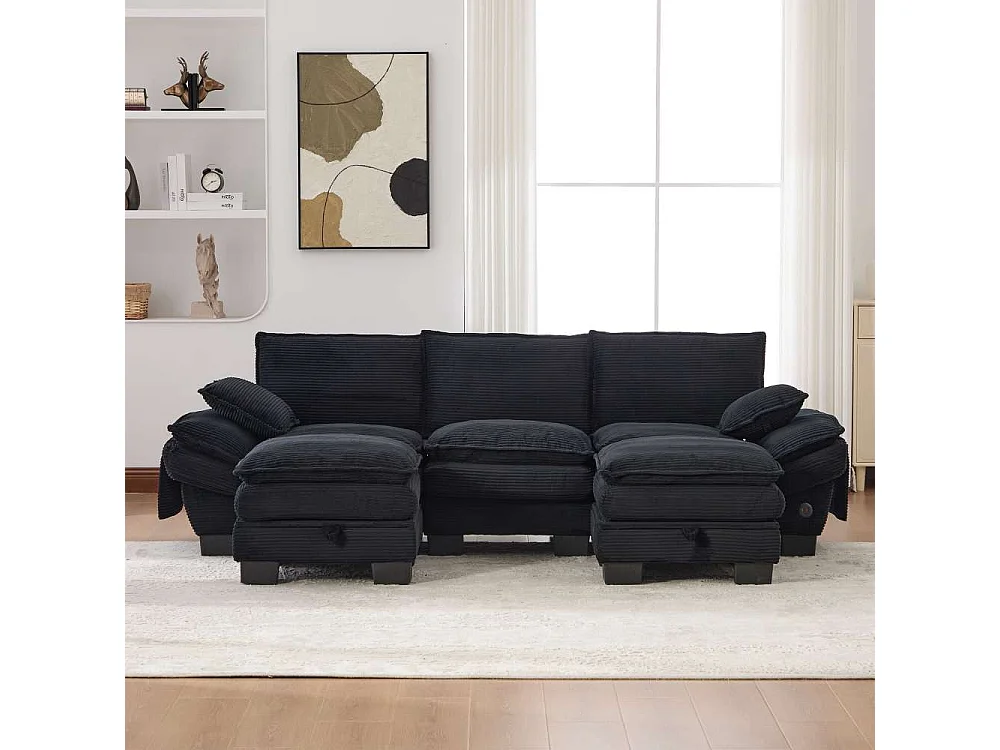 Modulaire 3 places avec 2 poufs – assise large ergonomique, mousse haute densité, USB-C intégré et poches latérales, idéal salon ou bureau
