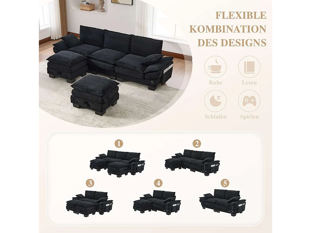 Modulaire 3 places avec 2 poufs – assise large ergonomique, mousse haute densité, USB-C intégré et poches latérales, idéal salon ou bureau