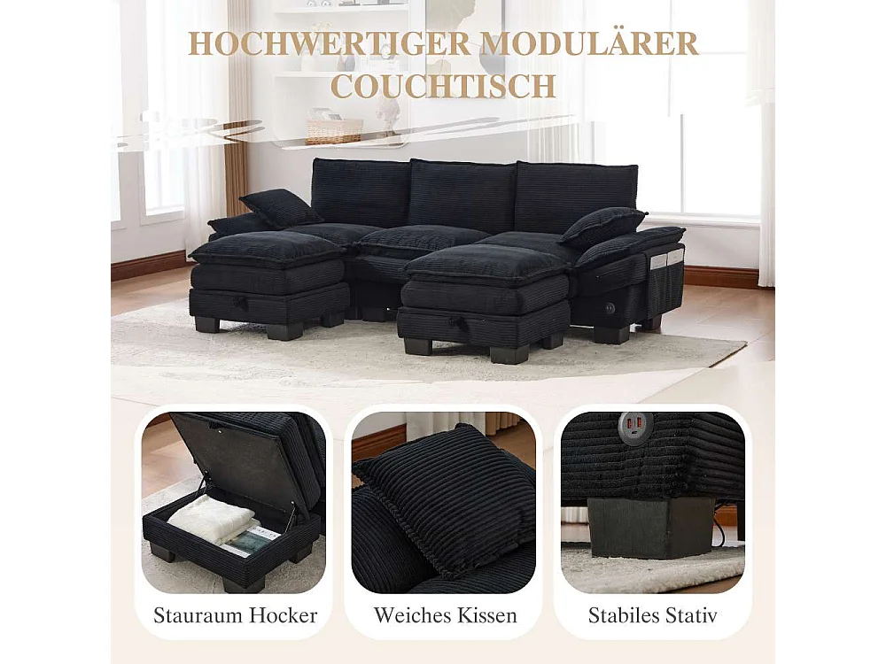 Modulaire 3 places avec 2 poufs – assise large ergonomique, mousse haute densité, USB-C intégré et poches latérales, idéal salon ou bureau