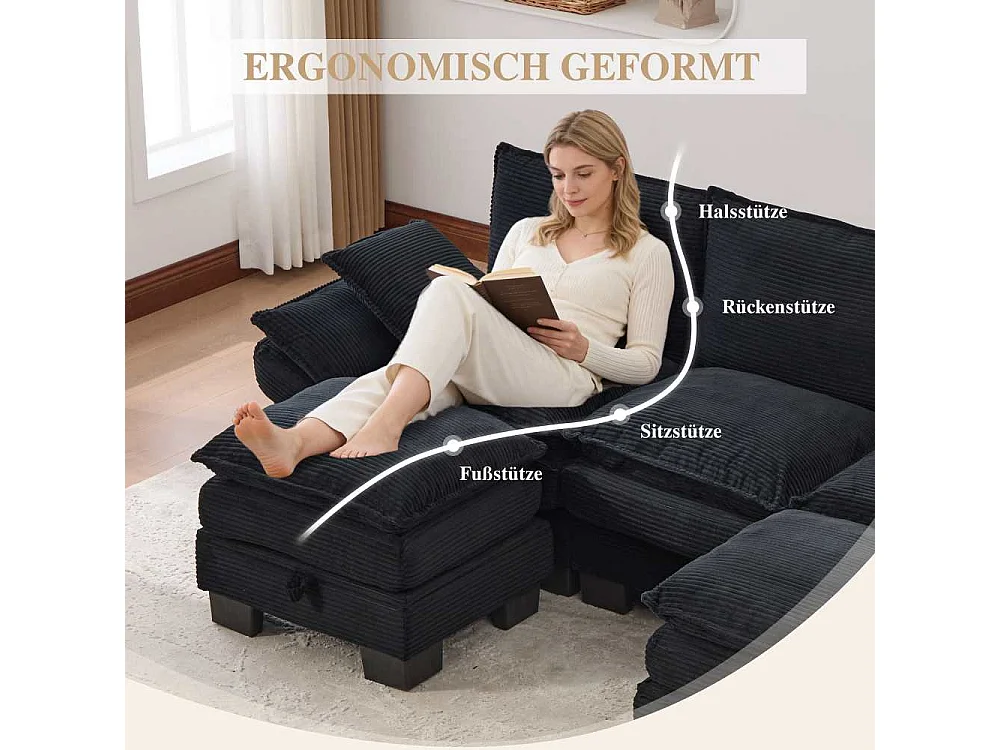 Modulaire 3 places avec 2 poufs – assise large ergonomique, mousse haute densité, USB-C intégré et poches latérales, idéal salon ou bureau