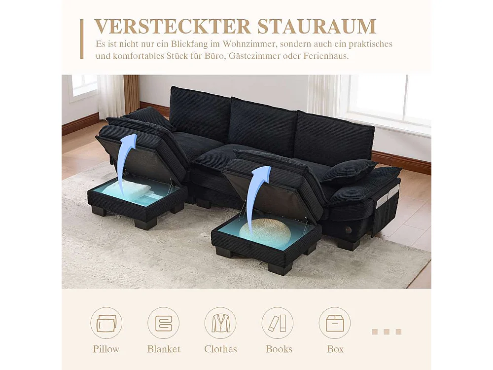 Modulaire 3 places avec 2 poufs – assise large ergonomique, mousse haute densité, USB-C intégré et poches latérales, idéal salon ou bureau