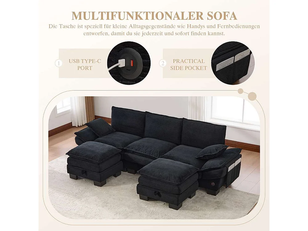 Modulaire 3 places avec 2 poufs – assise large ergonomique, mousse haute densité, USB-C intégré et poches latérales, idéal salon ou bureau