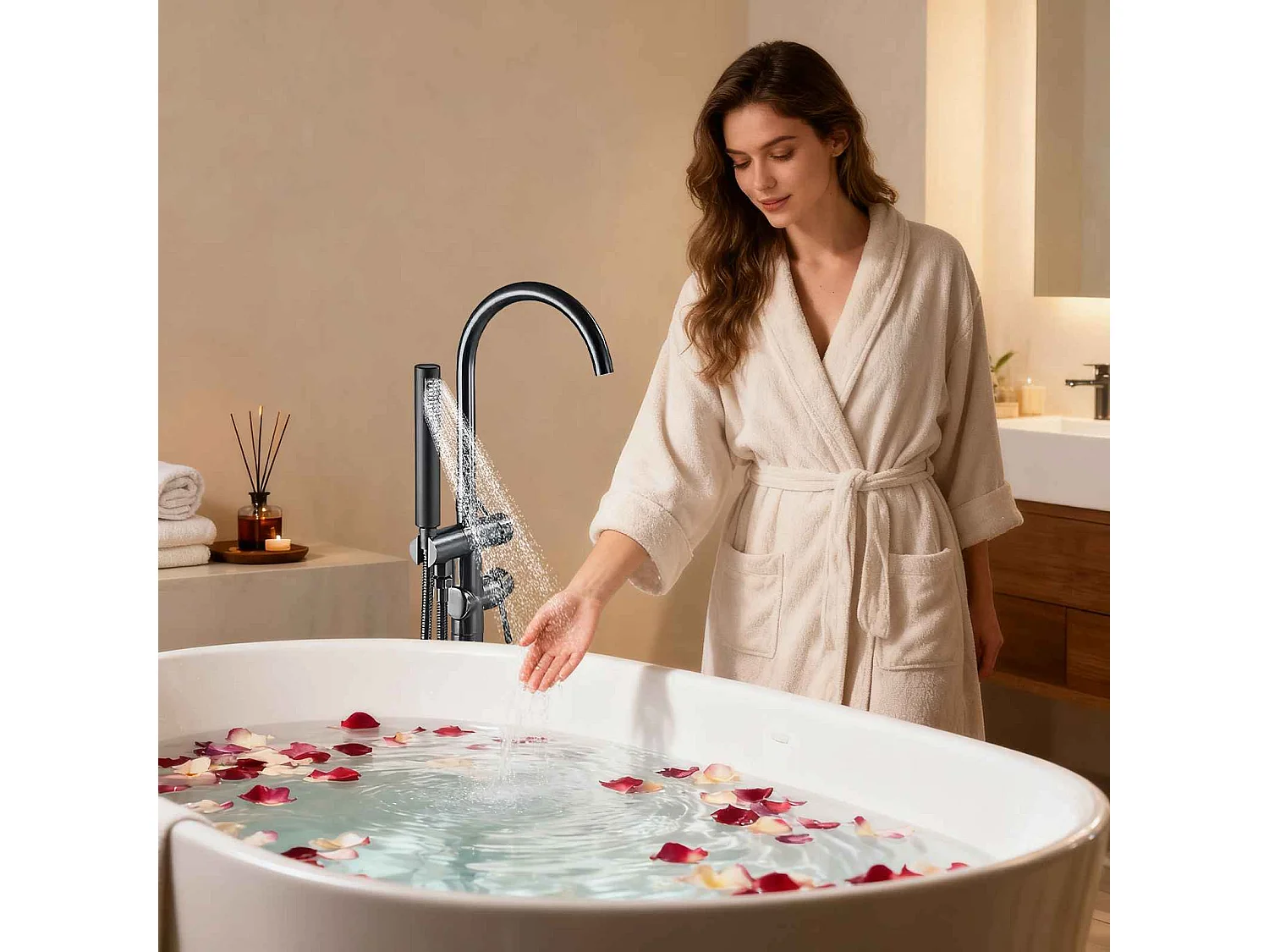 Ensemble de Robinet de Bain sur Pied｜Douchette Multifonction + Résistant à la Corrosion, Adapté aux Salles de Bain Modernes