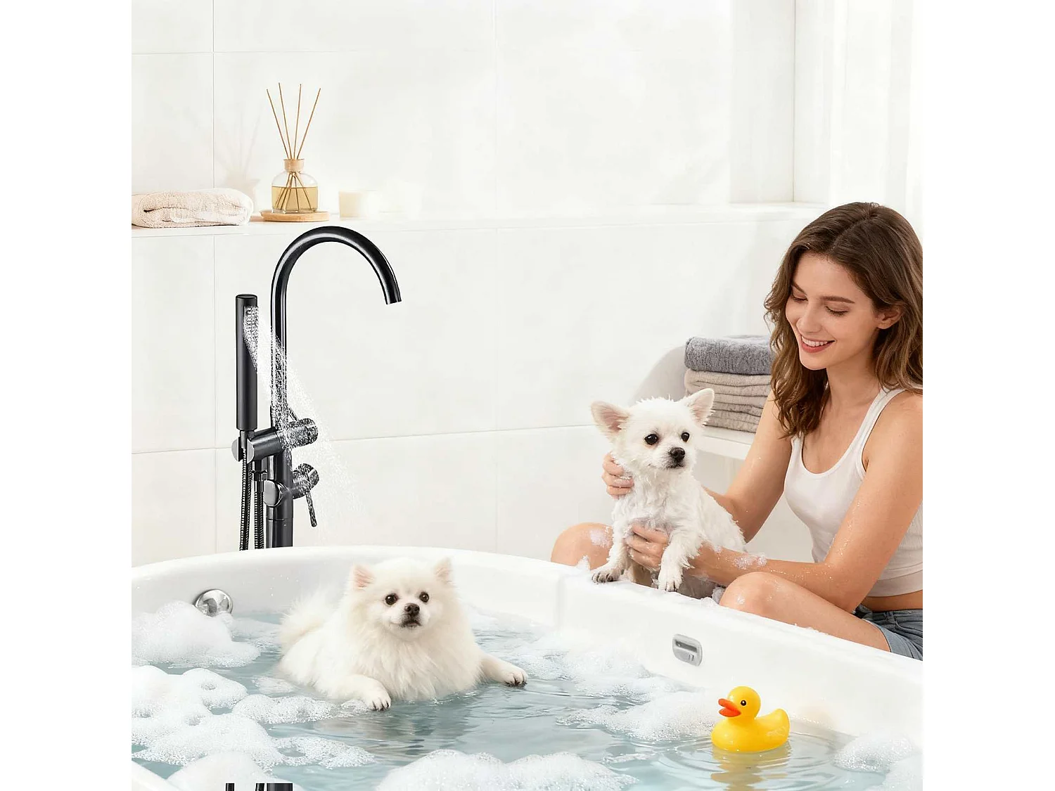 Ensemble de Robinet de Bain sur Pied｜Douchette Multifonction + Résistant à la Corrosion, Adapté aux Salles de Bain Modernes