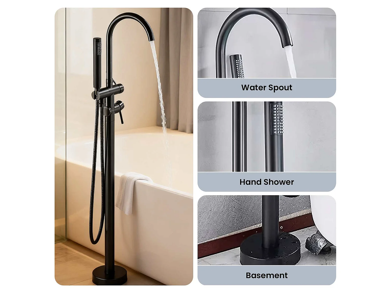 Ensemble de Robinet de Bain sur Pied｜Douchette Multifonction + Résistant à la Corrosion, Adapté aux Salles de Bain Modernes