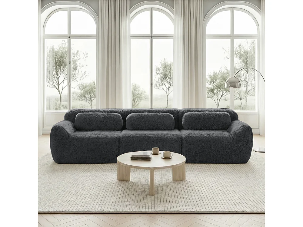 Canapé 3 Places Profond Modulaire Tissu Peluche Premium Mousse 32D Ergonomique Sans Montage