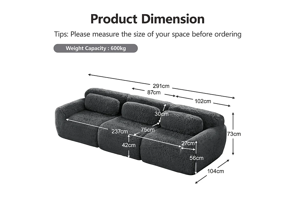 Canapé 3 Places Profond Modulaire Tissu Peluche Premium Mousse 32D Ergonomique Sans Montage