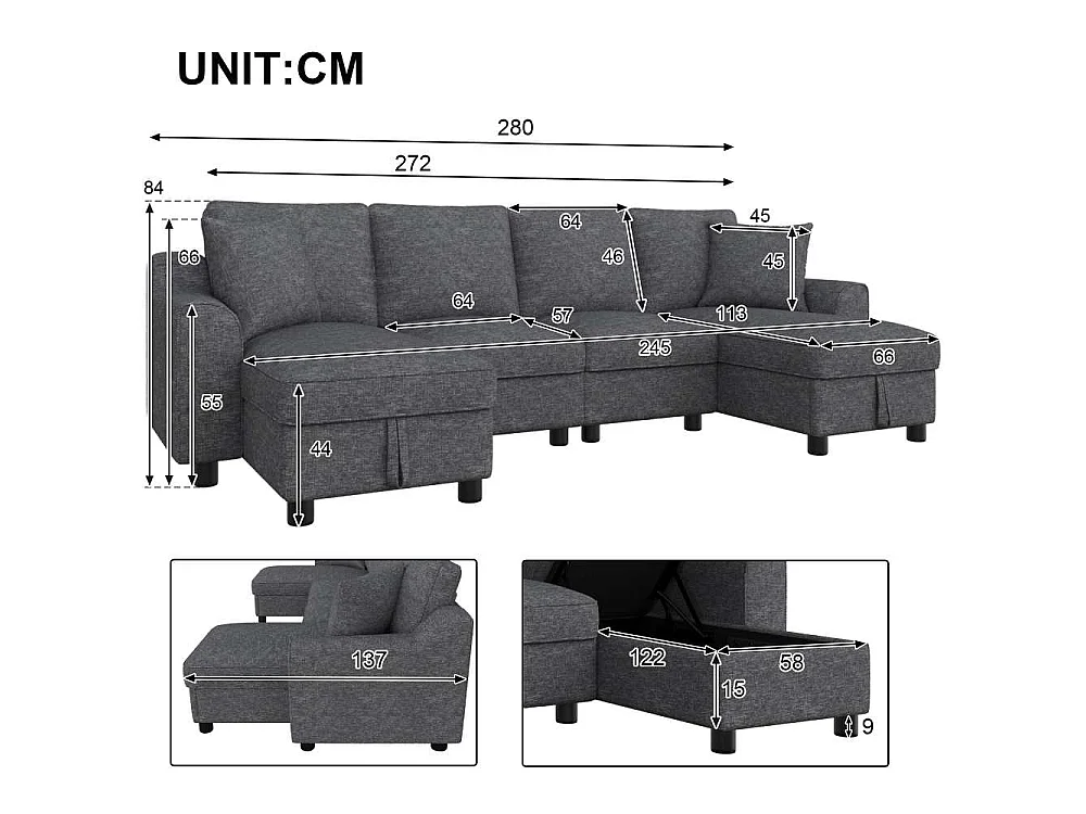 Canapé U Moderne Chenille Modulable avec Double Méridienne et Rangement Intégré 280 cm
