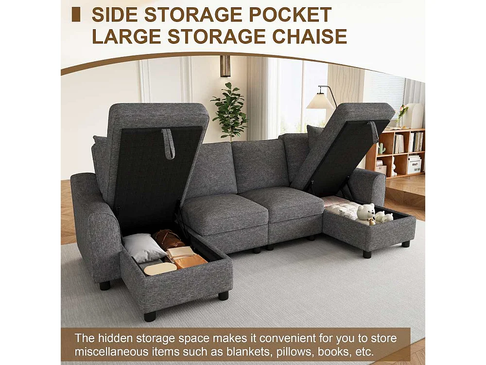 Canapé U Moderne Chenille Modulable avec Double Méridienne et Rangement Intégré 280 cm