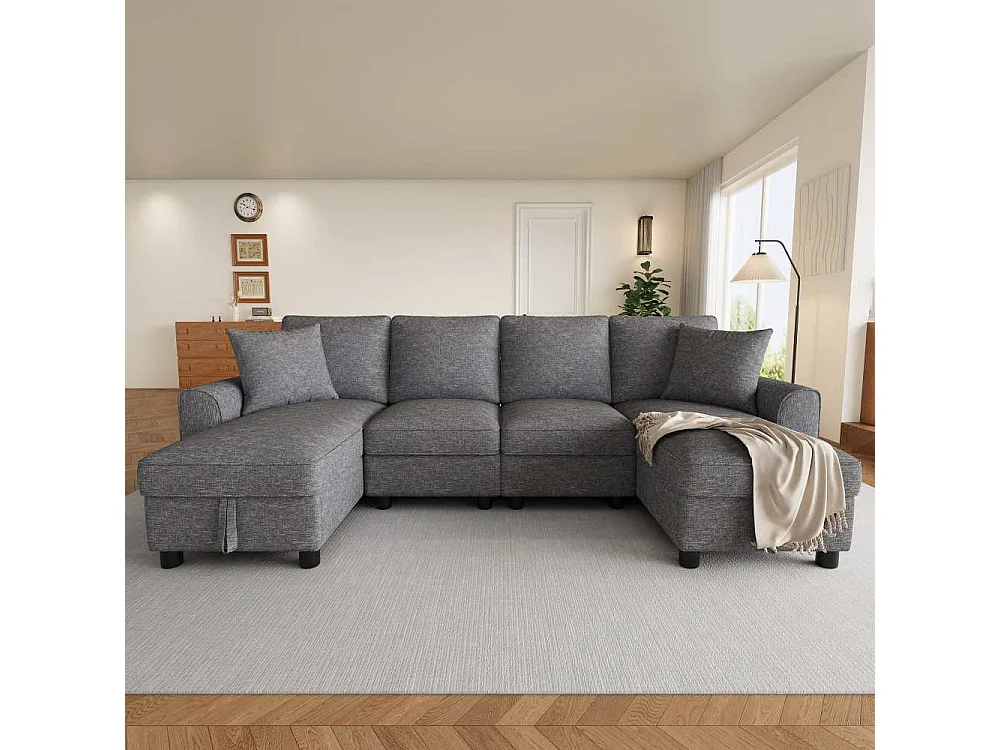 Canapé U Moderne Chenille Modulable avec Double Méridienne et Rangement Intégré 280 cm