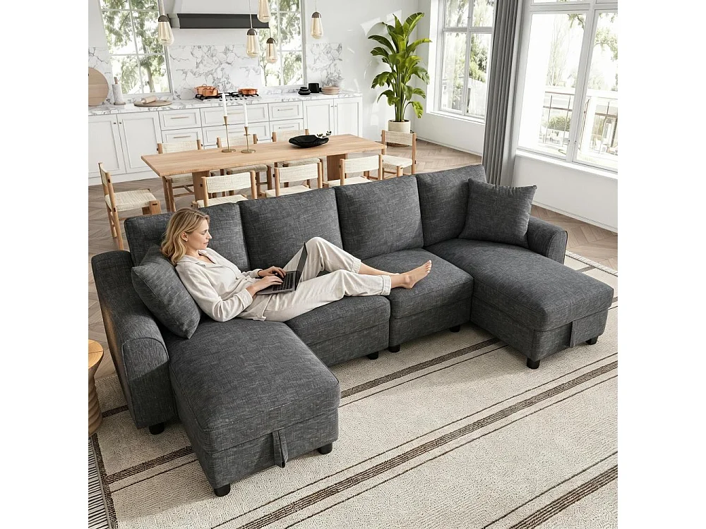 Canapé U Moderne Chenille Modulable avec Double Méridienne et Rangement Intégré 280 cm
