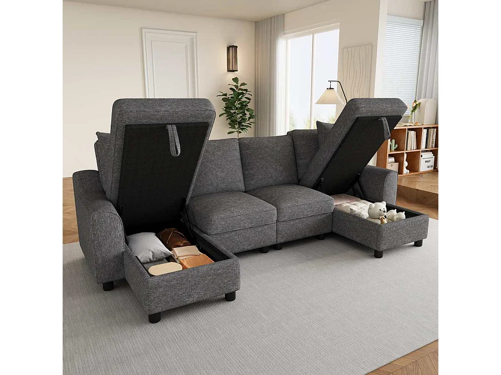 Canapé U Moderne Chenille Modulable avec Double Méridienne et Rangement Intégré 280 cm