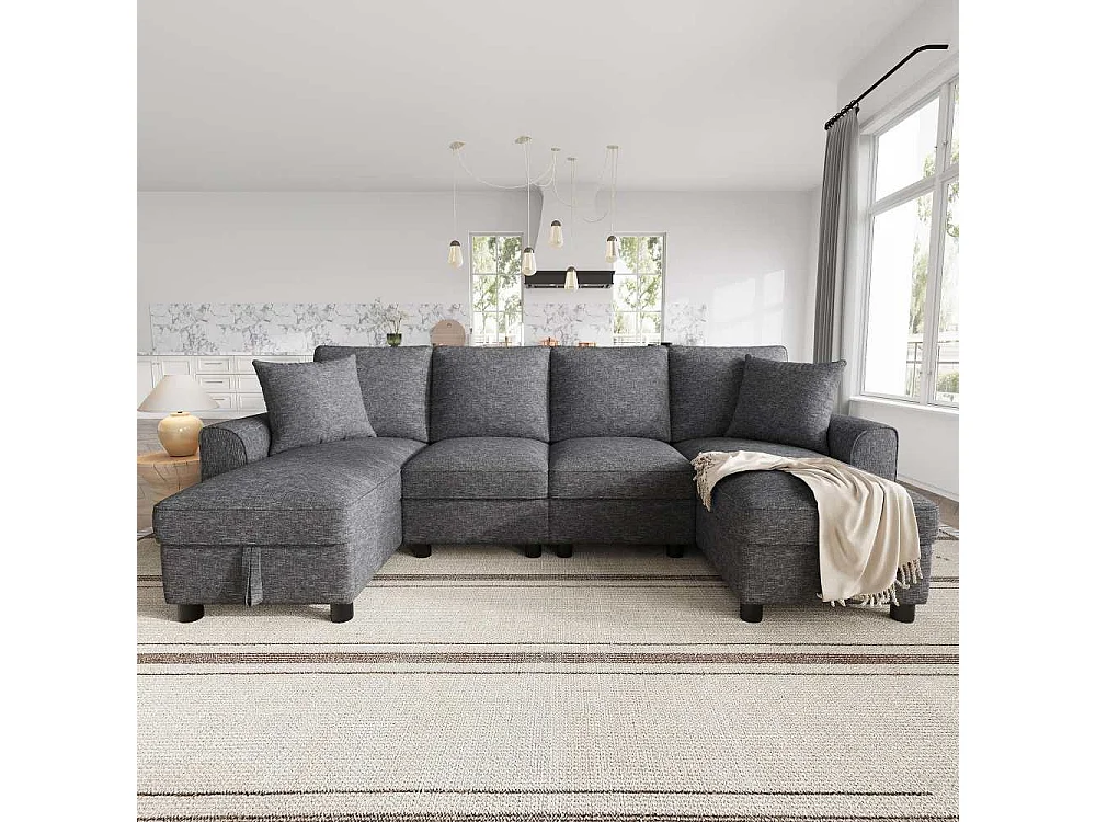 Canapé U Moderne Chenille Modulable avec Double Méridienne et Rangement Intégré 280 cm