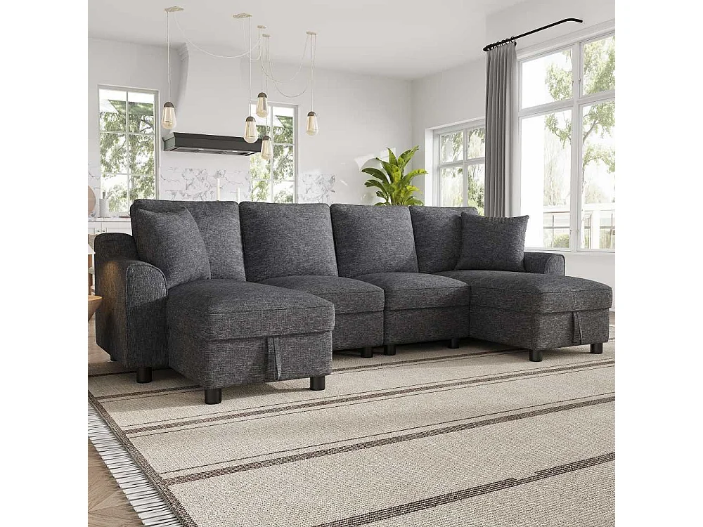 Canapé U Moderne Chenille Modulable avec Double Méridienne et Rangement Intégré 280 cm