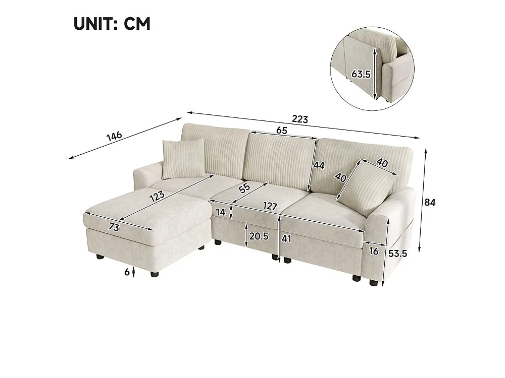 Divano Moderno in Chenille e Velluto a Coste con Pouf, USB, Type-C e Cuscini 223 cm