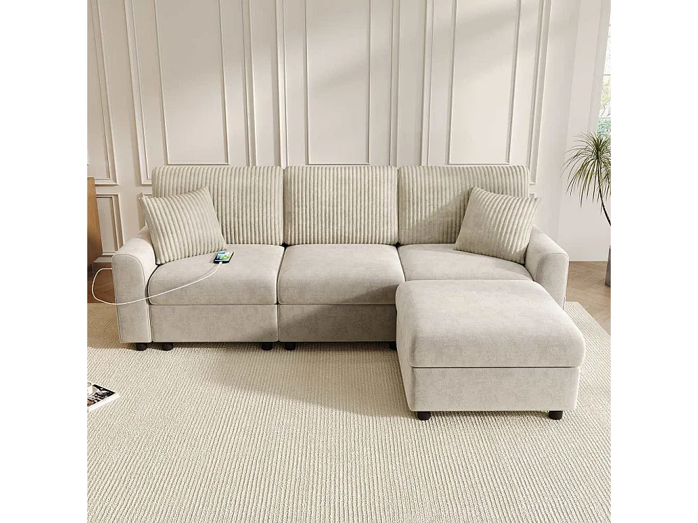 Divano Moderno in Chenille e Velluto a Coste con Pouf, USB, Type-C e Cuscini 223 cm