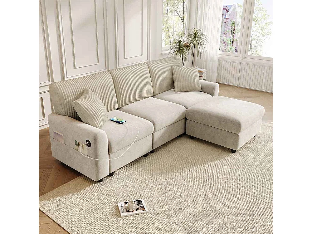 Divano Moderno in Chenille e Velluto a Coste con Pouf, USB, Type-C e Cuscini 223 cm