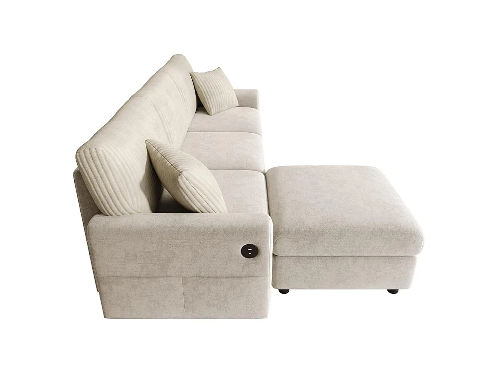 Divano Moderno in Chenille e Velluto a Coste con Pouf, USB, Type-C e Cuscini 223 cm