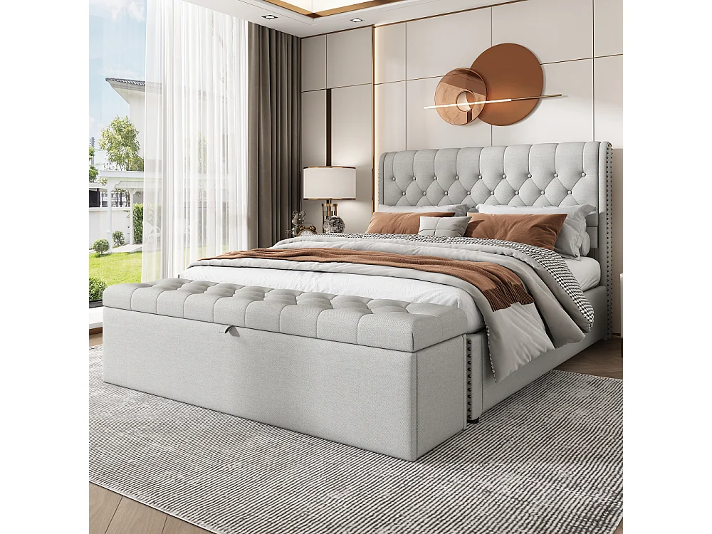 Panchina Imbottita in Lino con Contenitore 141x41,5x47 cm, Panca Seduta Imbottita, Sgabello da Letto, Cassapanca Letto Grigio Chiaro