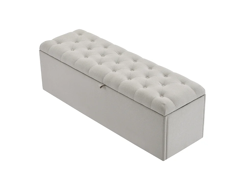Panchina Imbottita in Lino con Contenitore 141x41,5x47 cm, Panca Seduta Imbottita, Sgabello da Letto, Cassapanca Letto Grigio Chiaro