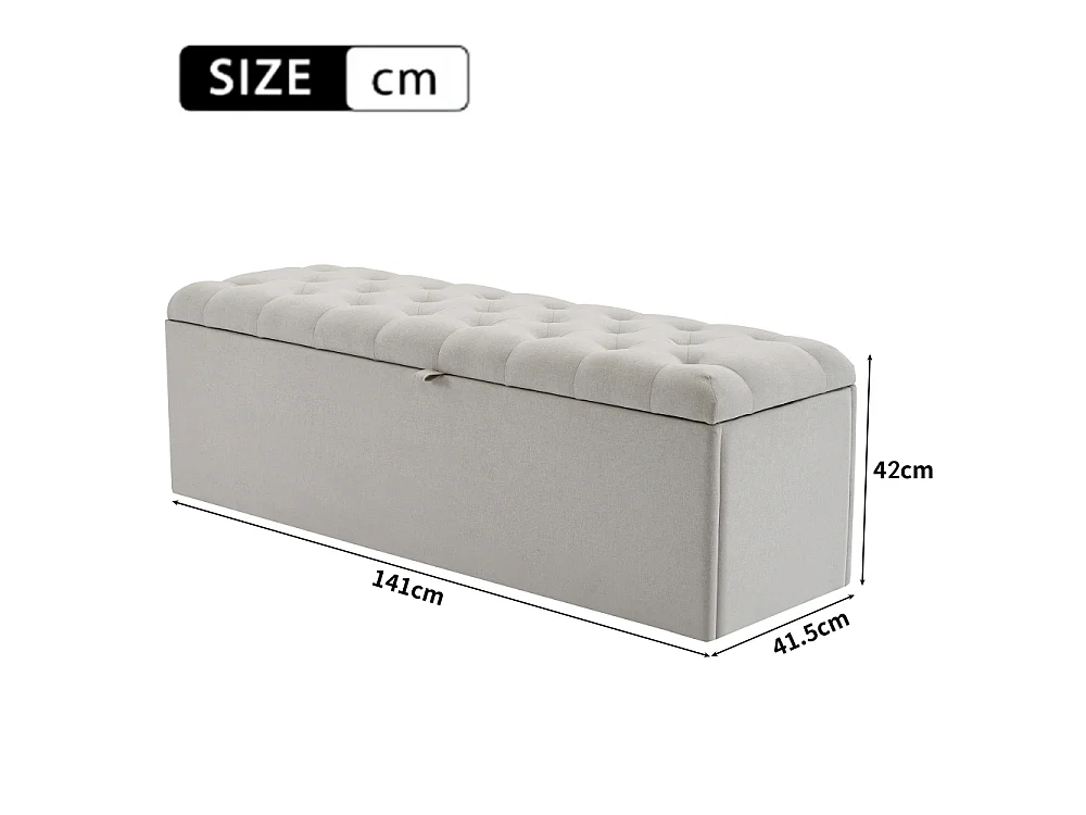 Panchina Imbottita in Lino con Contenitore 141x41,5x47 cm, Panca Seduta Imbottita, Sgabello da Letto, Cassapanca Letto Grigio Chiaro