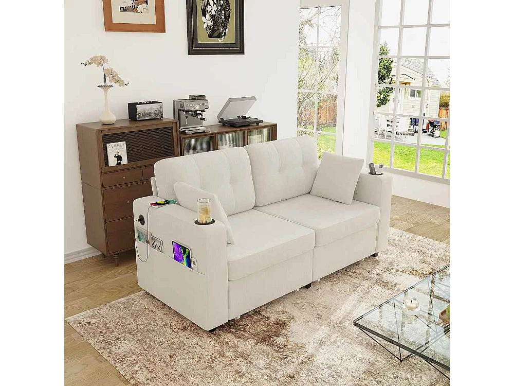 2-Sitzer-Sofa mit Stauraum, USB-Anschlüssen, Getränkehaltern, Seitentaschen und bequemem Chenille-Stoff