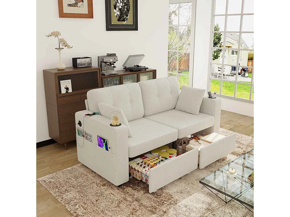 2-Sitzer-Sofa mit Stauraum, USB-Anschlüssen, Getränkehaltern, Seitentaschen und bequemem Chenille-Stoff