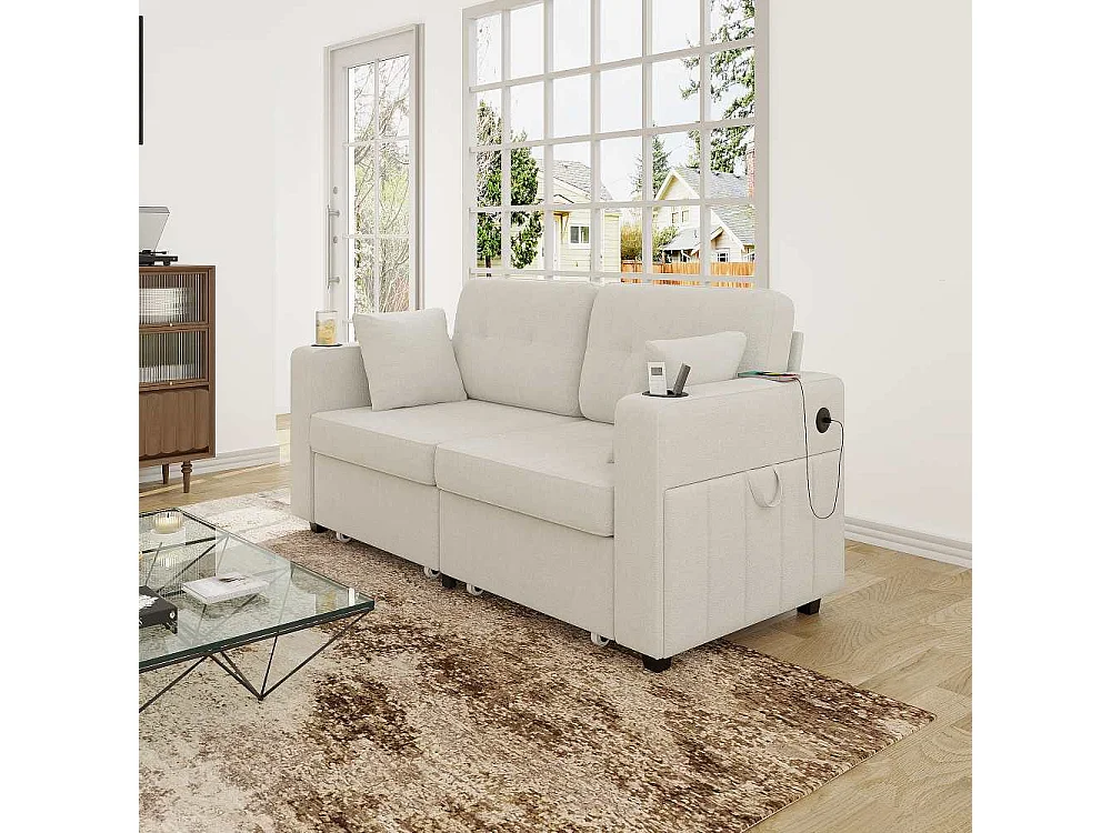 2-Sitzer-Sofa mit Stauraum, USB-Anschlüssen, Getränkehaltern, Seitentaschen und bequemem Chenille-Stoff