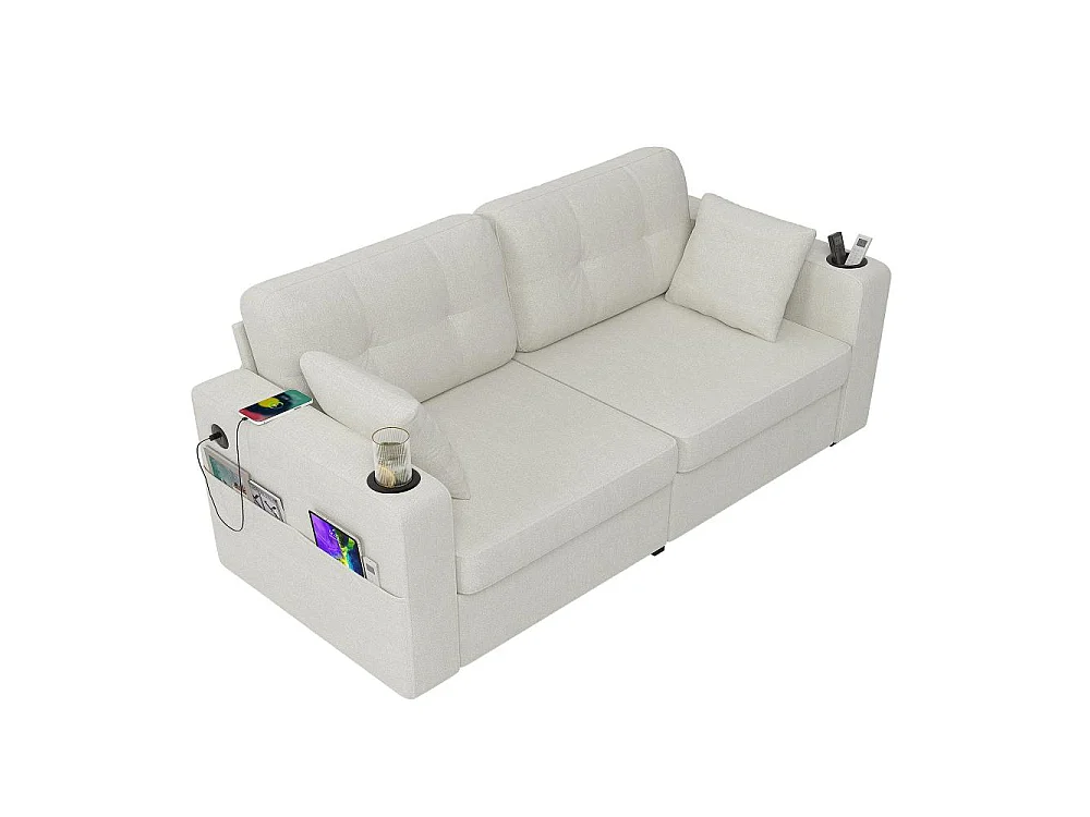 2-Sitzer-Sofa mit Stauraum, USB-Anschlüssen, Getränkehaltern, Seitentaschen und bequemem Chenille-Stoff