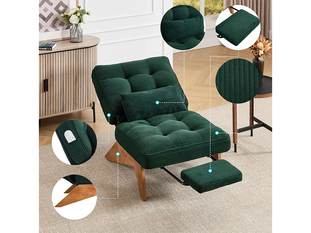 Fauteuil Lounge Réglable en Tissu avec Repose-Pieds, Coussin Lombaire et Pieds en Bois pour Salon, Chambre