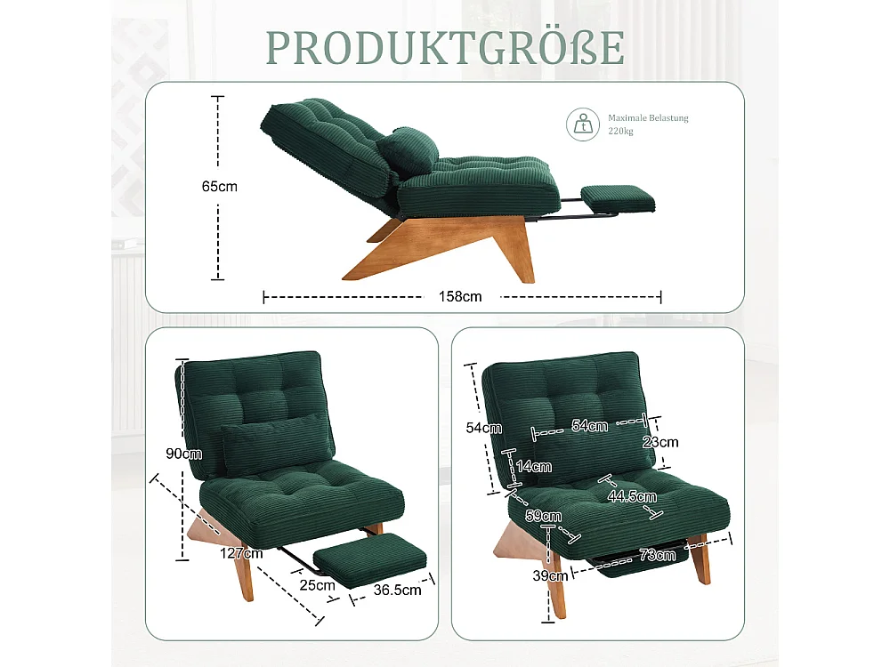 Fauteuil Lounge Réglable en Tissu avec Repose-Pieds, Coussin Lombaire et Pieds en Bois pour Salon, Chambre