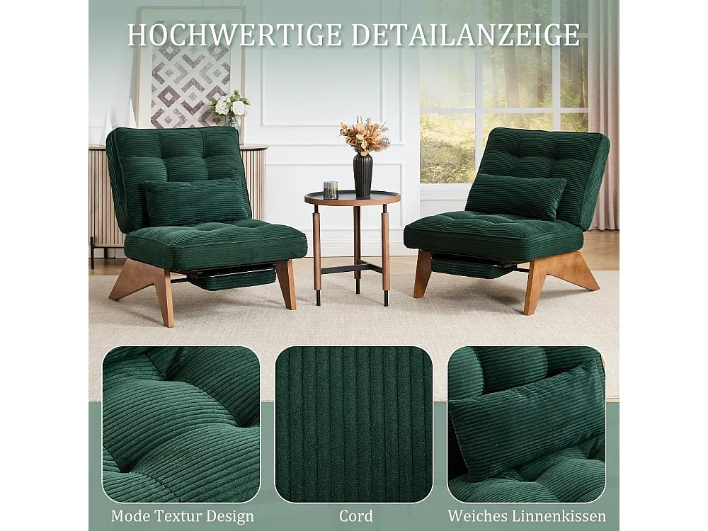 Fauteuil Lounge Réglable en Tissu avec Repose-Pieds, Coussin Lombaire et Pieds en Bois pour Salon, Chambre