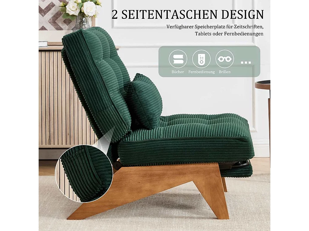 Fauteuil Lounge Réglable en Tissu avec Repose-Pieds, Coussin Lombaire et Pieds en Bois pour Salon, Chambre