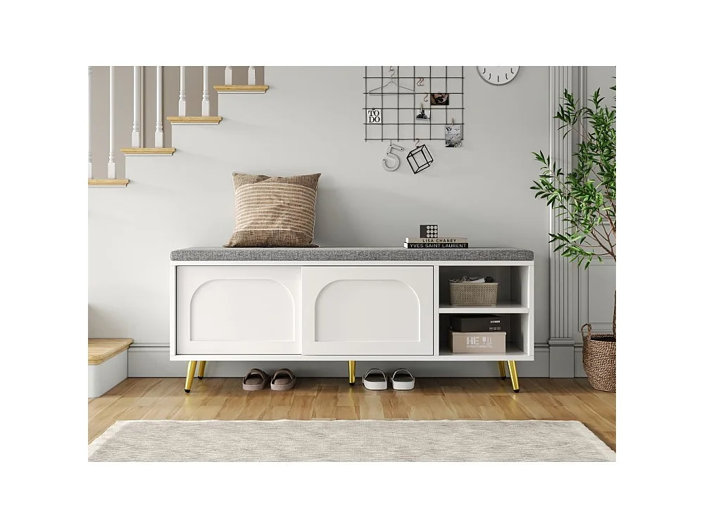 Banquette d’entrée blanche 121 cm – rangement chaussures, assise rembourrée, étagères réglables – 121x35x49 cm