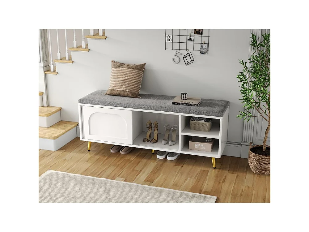 Banquette d’entrée blanche 121 cm – rangement chaussures, assise rembourrée, étagères réglables – 121x35x49 cm