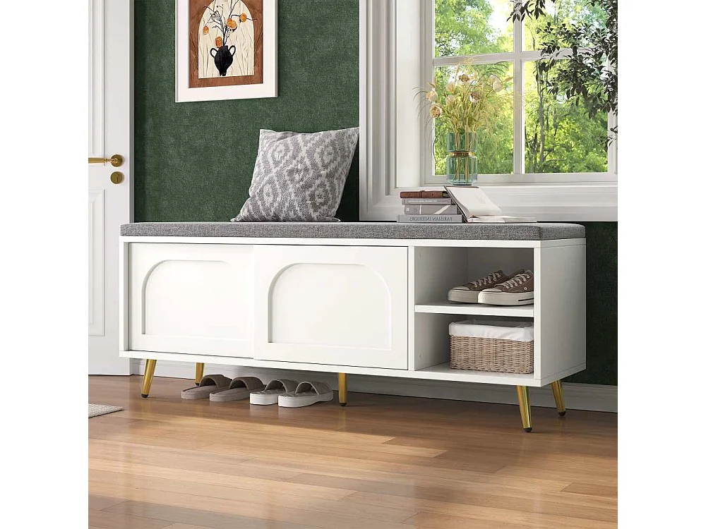 Banquette d’entrée blanche 121 cm – rangement chaussures, assise rembourrée, étagères réglables – 121x35x49 cm