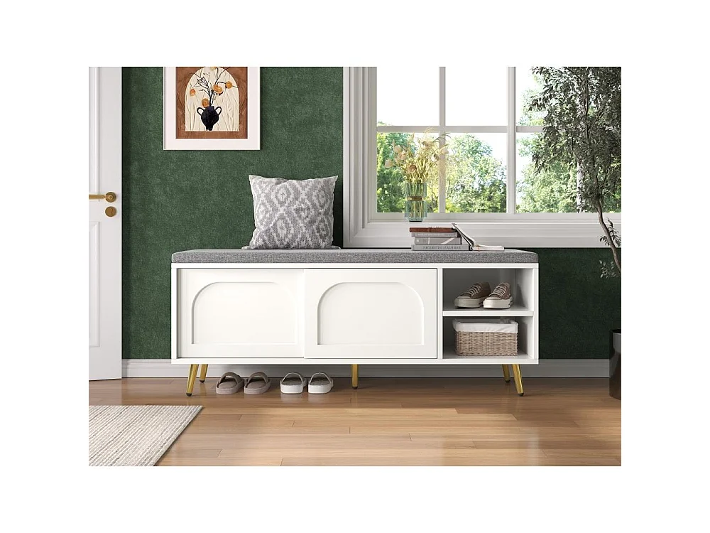 Banquette d’entrée blanche 121 cm – rangement chaussures, assise rembourrée, étagères réglables – 121x35x49 cm