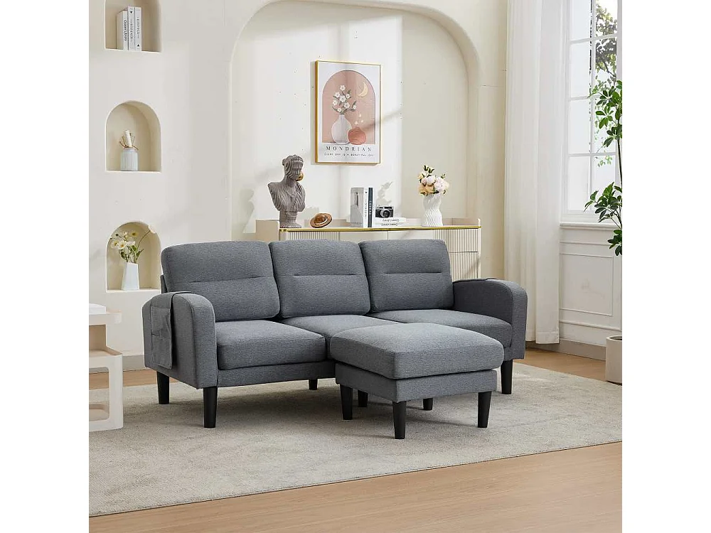 Canapé d'angle en L 3 places avec méridienne, 204 x 136 x 80 cm, canapé de salon modulaire avec rangement, 10 pieds, confortable, moderne et compact