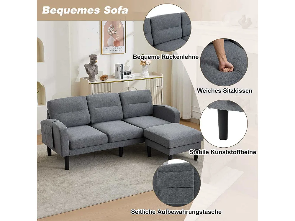 Canapé d'angle en L 3 places avec méridienne, 204 x 136 x 80 cm, canapé de salon modulaire avec rangement, 10 pieds, confortable, moderne et compact